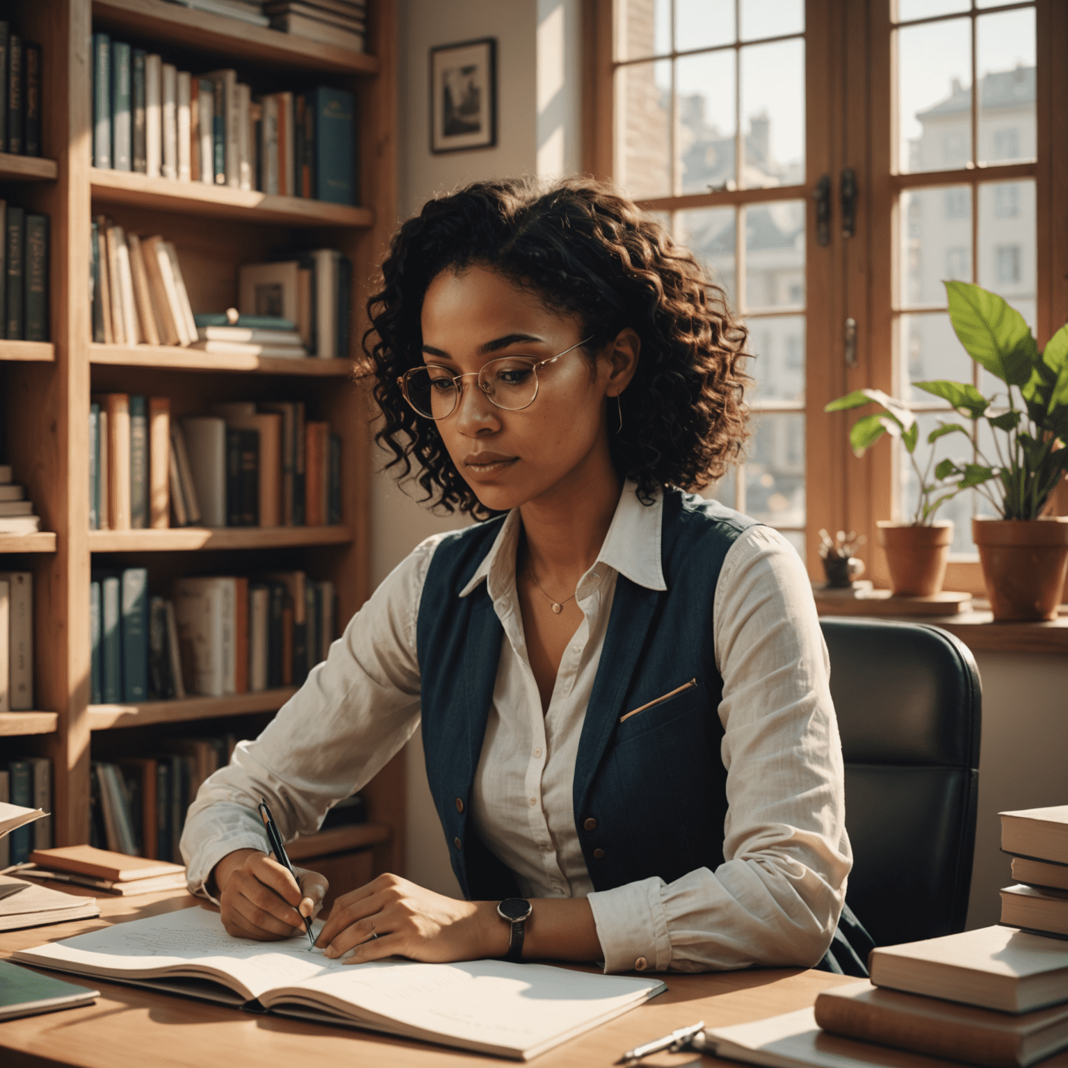 Simone Tebet sentada em sua mesa, escrevendo em um caderno, com uma estante de livros ao fundo