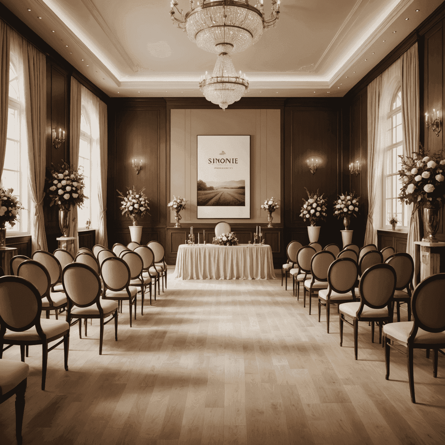 Uma sala de eventos elegante preparada para o lançamento do livro, com um pódio, cadeiras dispostas em fileiras e banners com a capa do livro de Simone Tebet.