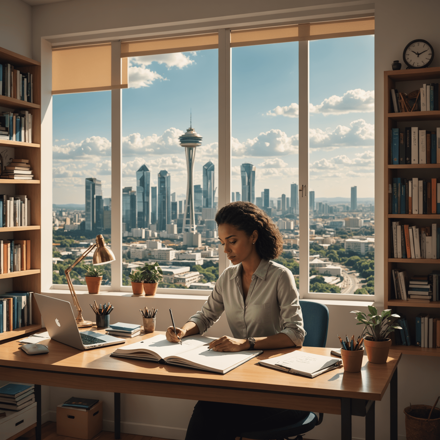 Simone Tebet em seu escritório, escrevendo em um caderno, com uma estante de livros ao fundo e uma janela mostrando o horizonte de Brasília