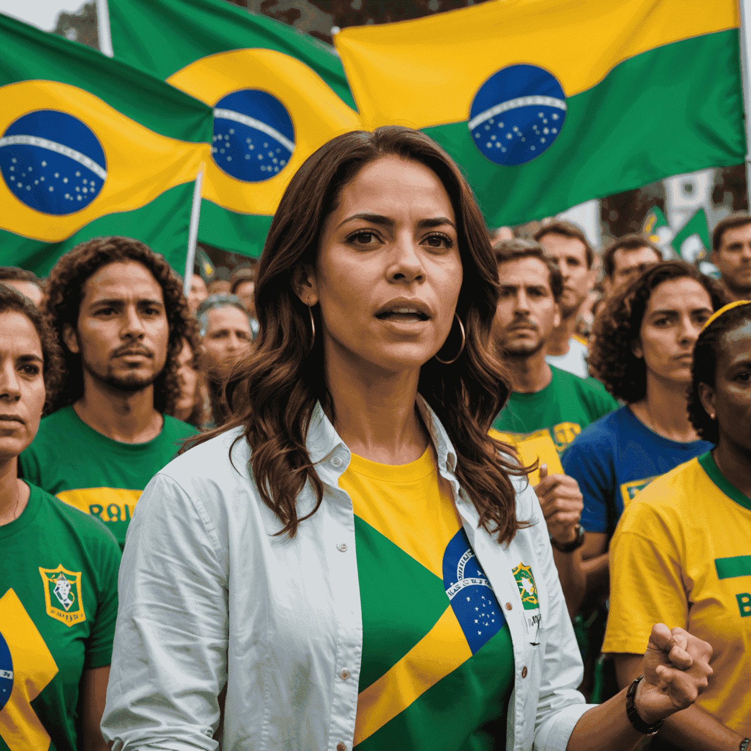 Simone Tebet discursando em um comício, cercada por apoiadores entusiasmados, bandeiras do Brasil ao fundo